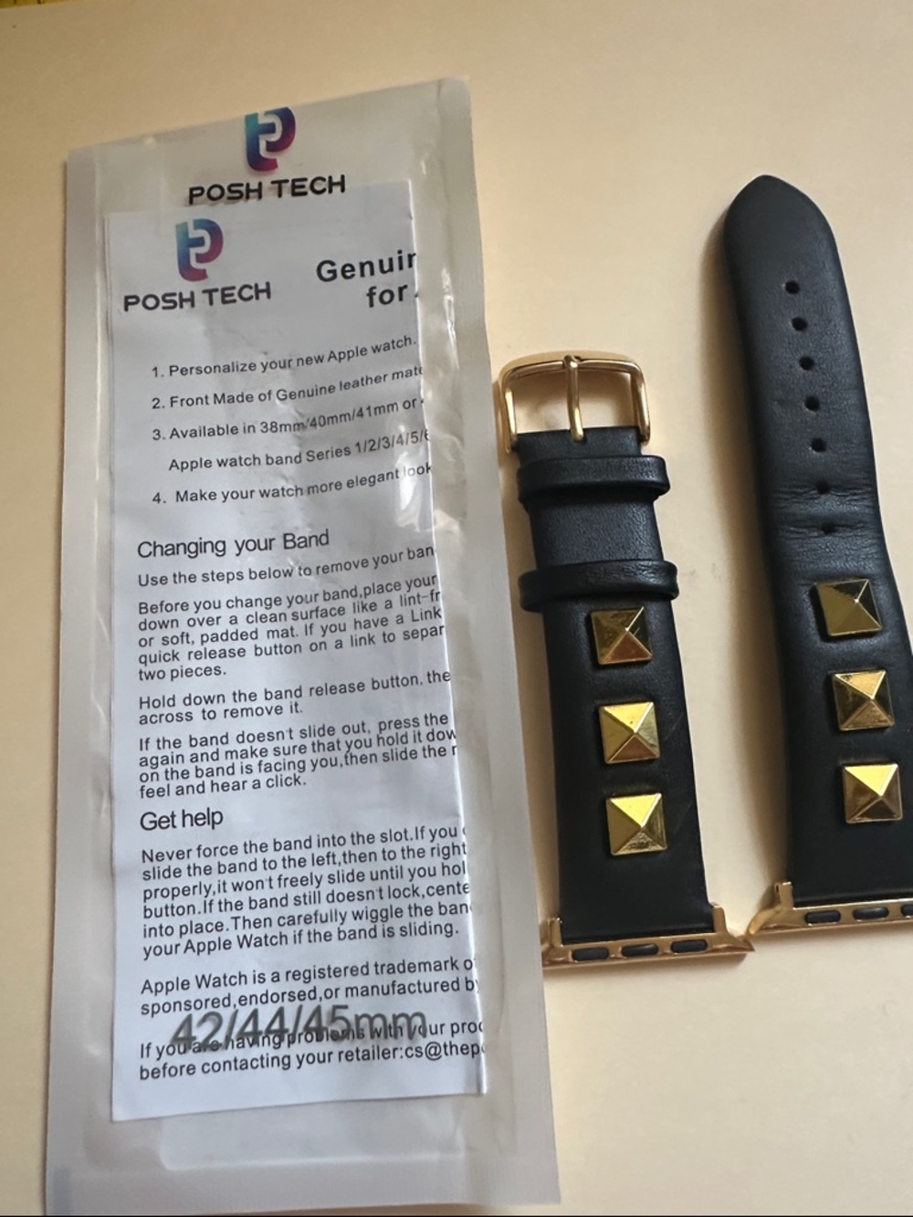Posh Tech Black Leather Apple Watch Band with Gold Studs